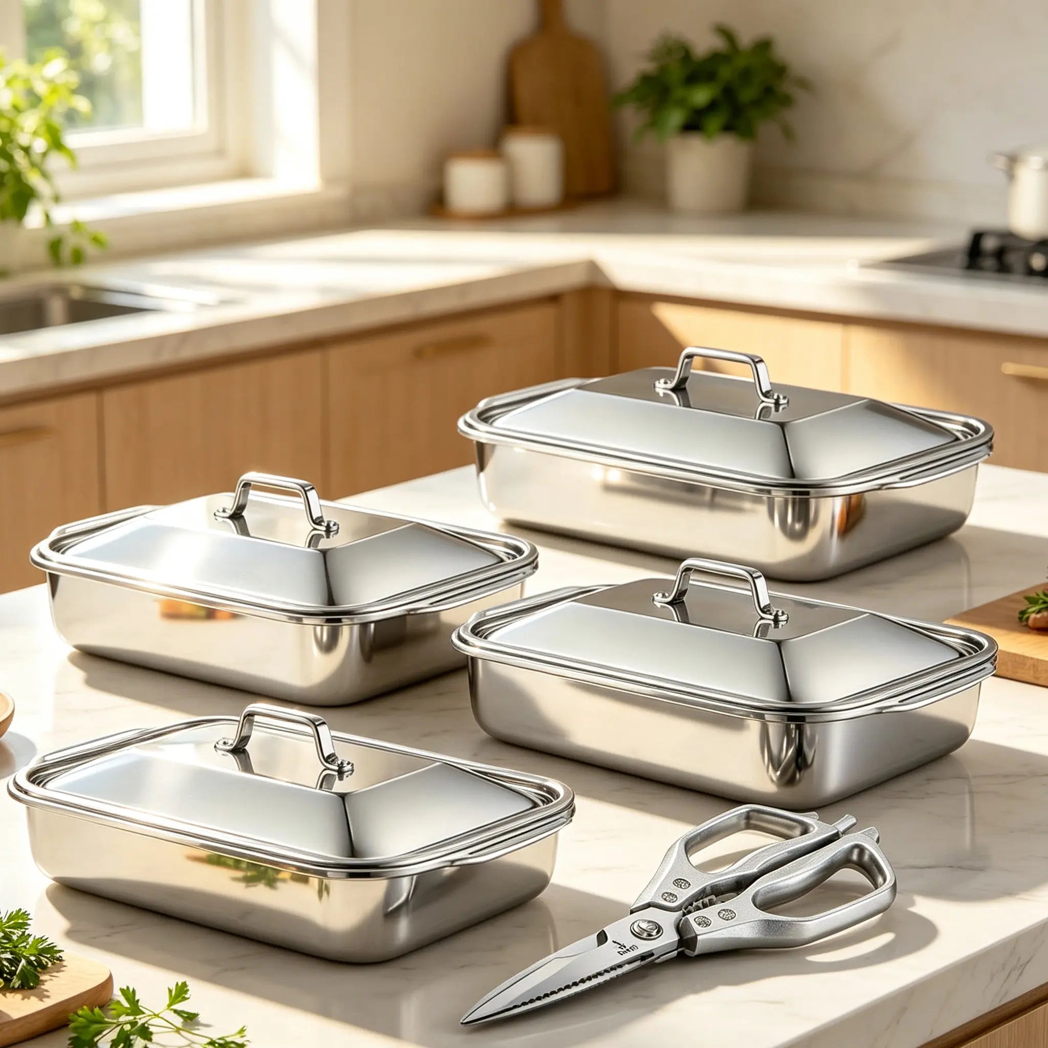Extra Large Stainless Steel Baking Pans Set with Lids - Non-Stick Thick-Bottomed Rectangular Oven Trays for Desserts, Bread, and Seafood - Ideal for Grilling and Buffet Serving - Oven Safe Design - Perfect Mother's Day Gift