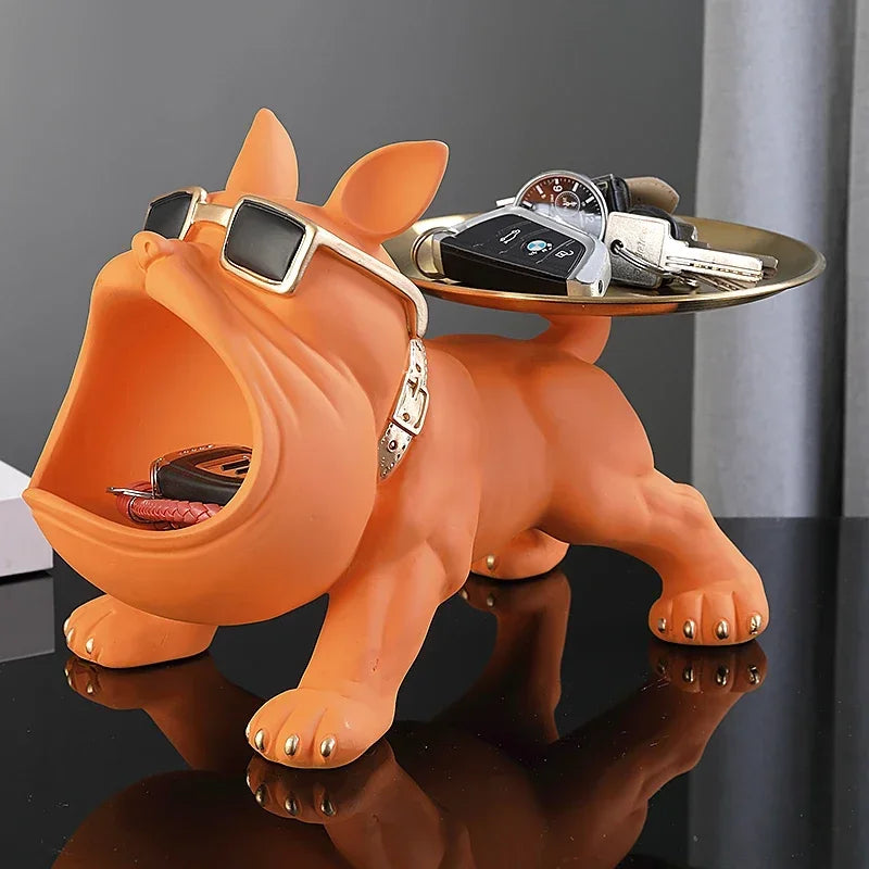 Bulldog Resin Sculpture with Storage Tray - Elegant Animal Decor for Home Interiors