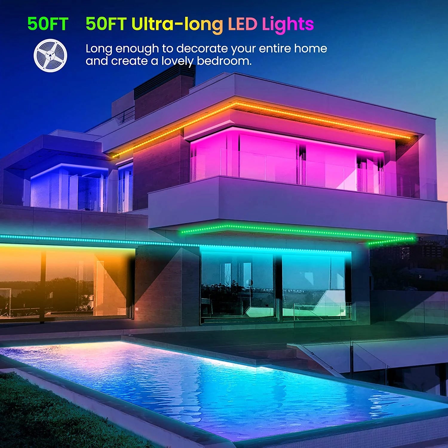 50 FT Bluetooth LED Strip Lights for Bedroom - Color Changing Light Strip with Music Synchronization, Mobile App Control, and IR Remote (App + Remote + Microphone)