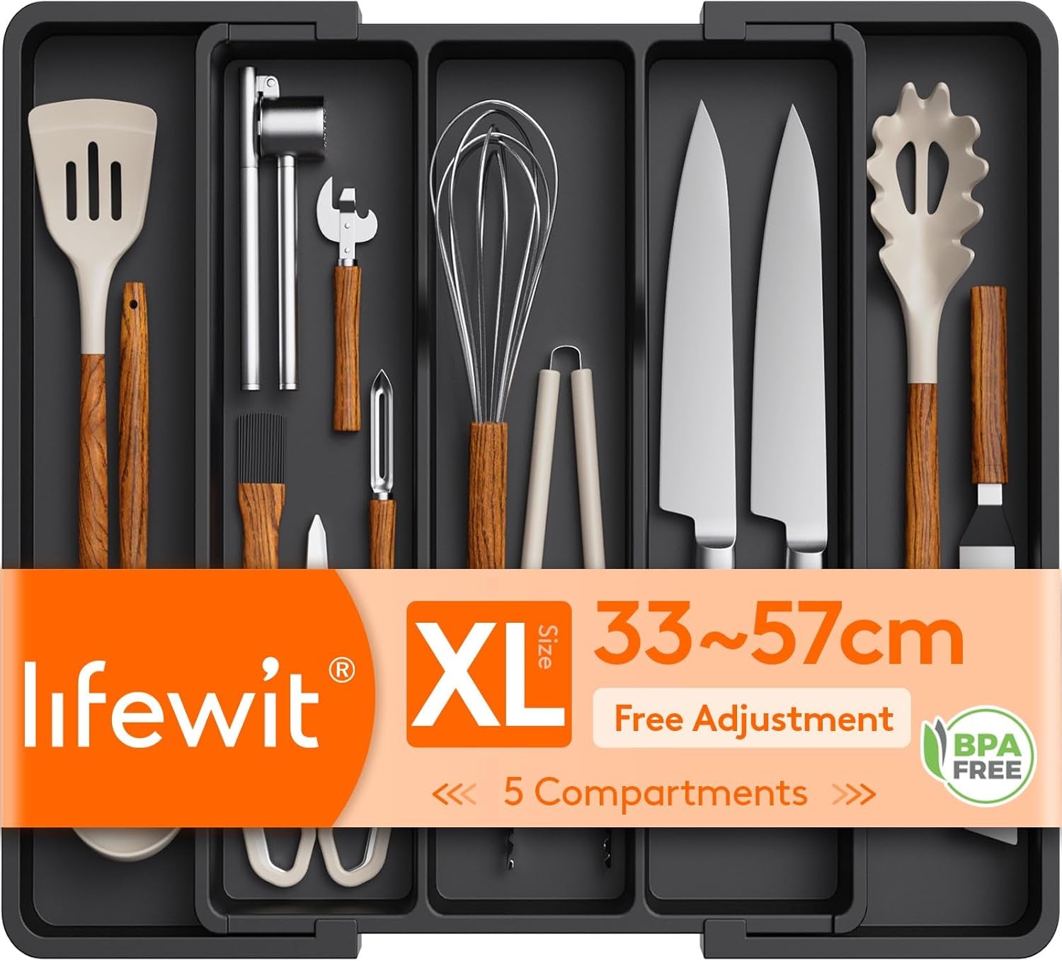 Expandable Cutlery Drawer Organizer, Extra Large Plastic Utensil Holder for Kitchen Storage and Organization, 33-57×38 cm, Black