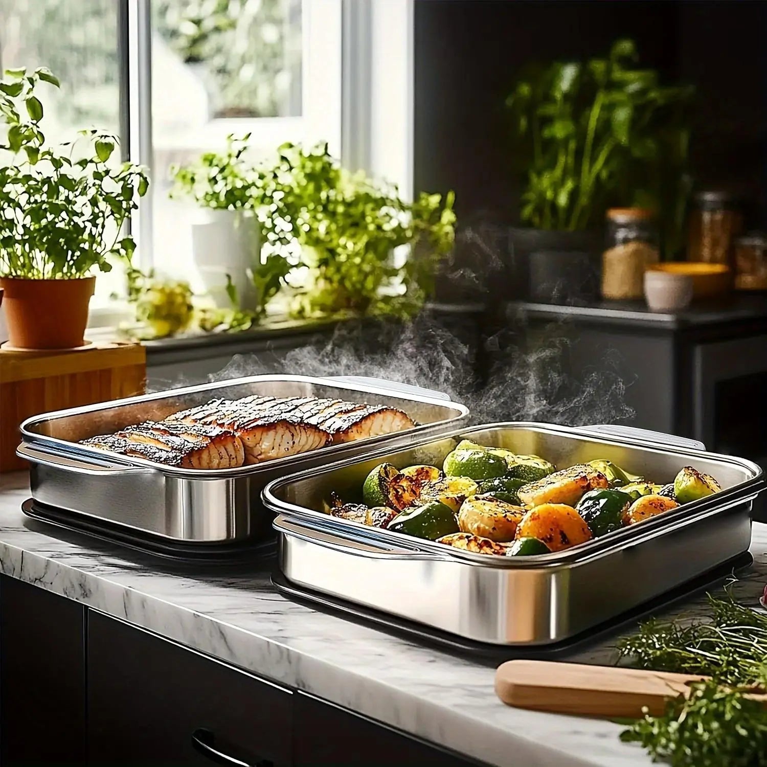 Extra Large Stainless Steel Baking Pans Set with Lids - Non-Stick Thick-Bottomed Rectangular Oven Trays for Desserts, Bread, and Seafood - Ideal for Grilling and Buffet Serving - Oven Safe Design - Perfect Mother's Day Gift