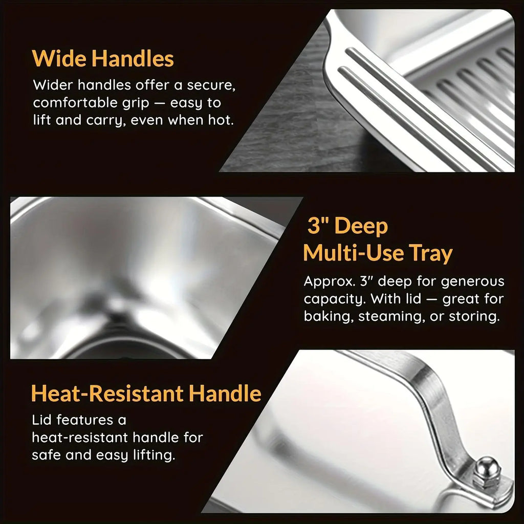 Extra Large Stainless Steel Baking Pans Set with Lids - Non-Stick Thick-Bottomed Rectangular Oven Trays for Desserts, Bread, and Seafood - Ideal for Grilling and Buffet Serving - Oven Safe Design - Perfect Mother's Day Gift