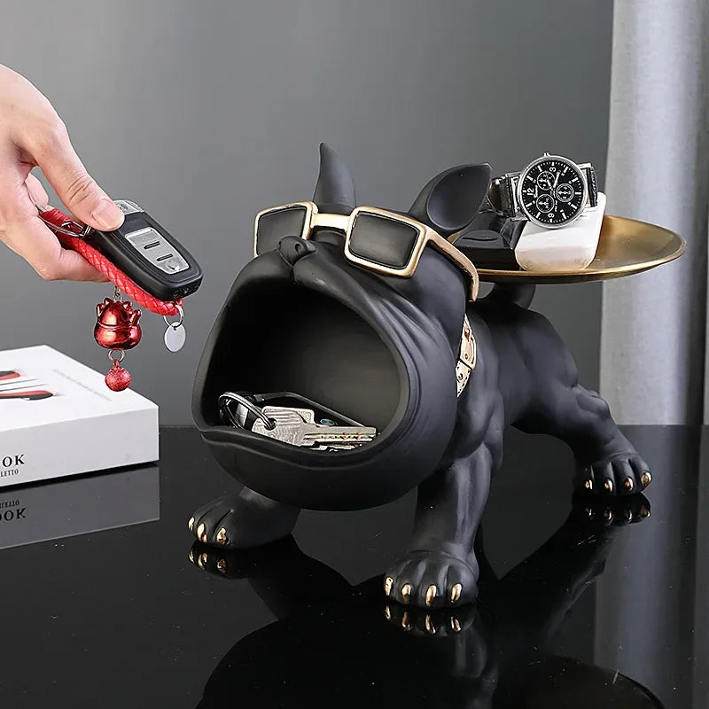 Bulldog Resin Sculpture with Storage Tray - Elegant Animal Decor for Home Interiors