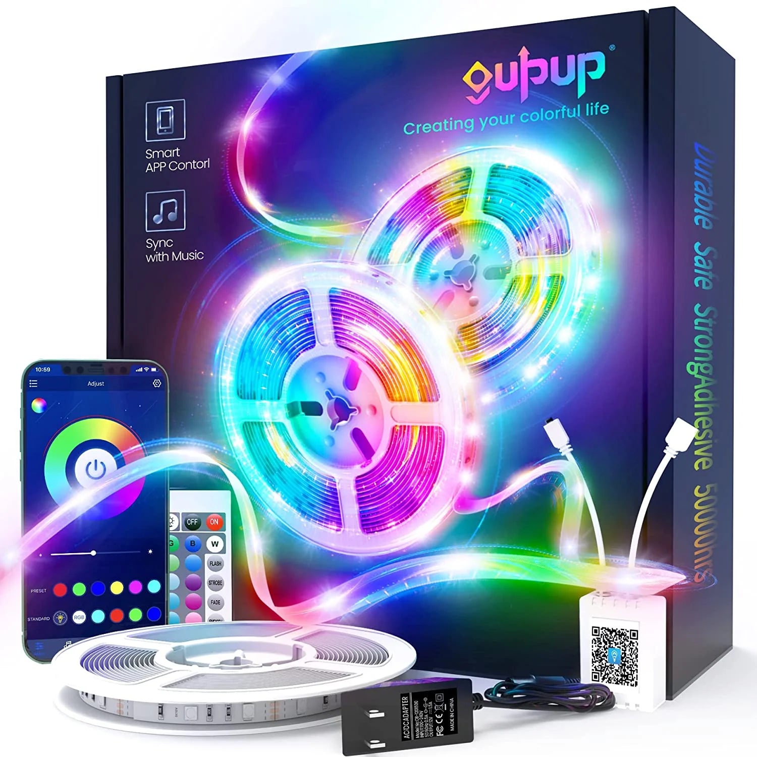 50 FT Bluetooth LED Strip Lights for Bedroom - Color Changing Light Strip with Music Synchronization, Mobile App Control, and IR Remote (App + Remote + Microphone)