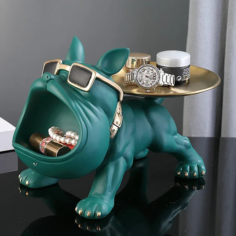 Bulldog Resin Sculpture with Storage Tray - Elegant Animal Decor for Home Interiors