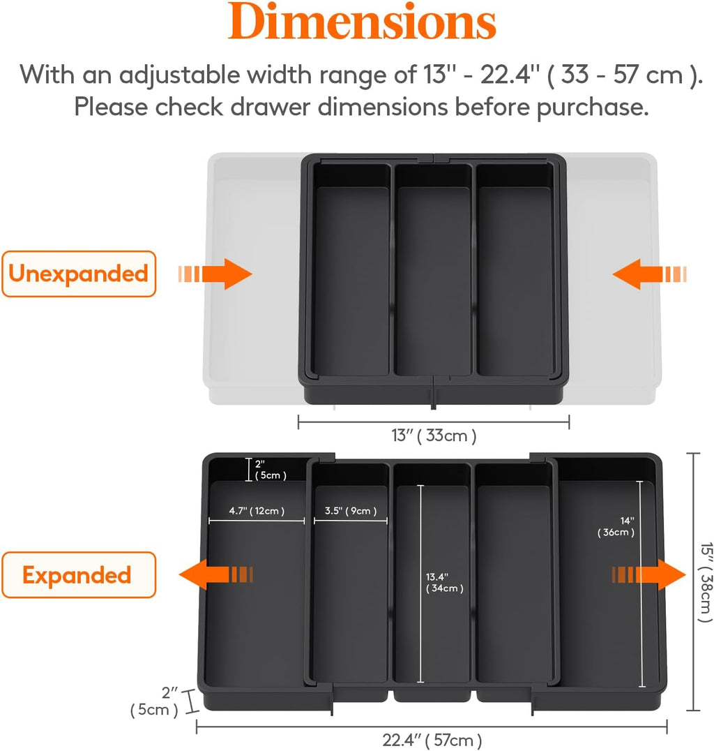 Expandable Cutlery Drawer Organizer, Extra Large Plastic Utensil Holder for Kitchen Storage and Organization, 33-57×38 cm, Black