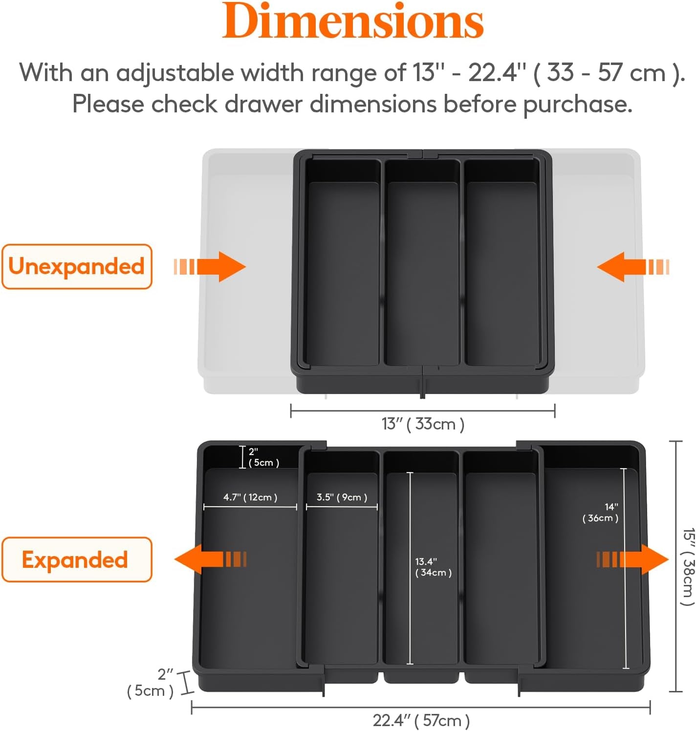 Expandable Cutlery Drawer Organizer, Extra Large Plastic Utensil Holder for Kitchen Storage and Organization, 33-57×38 cm, Black