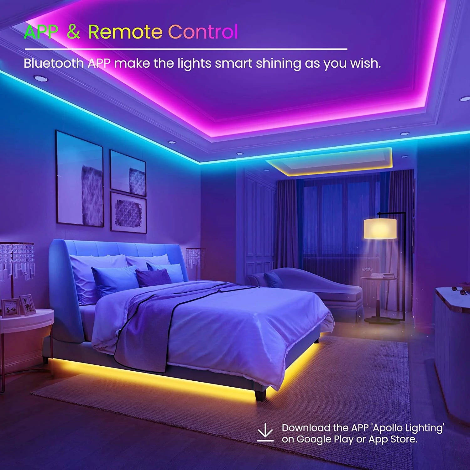 50 FT Bluetooth LED Strip Lights for Bedroom - Color Changing Light Strip with Music Synchronization, Mobile App Control, and IR Remote (App + Remote + Microphone)