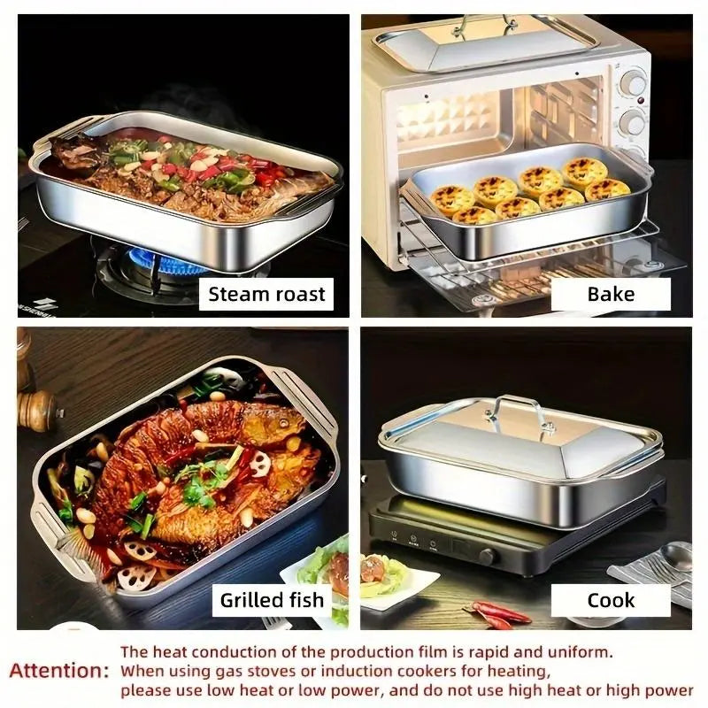 Extra Large Stainless Steel Baking Pans Set with Lids - Non-Stick Thick-Bottomed Rectangular Oven Trays for Desserts, Bread, and Seafood - Ideal for Grilling and Buffet Serving - Oven Safe Design - Perfect Mother's Day Gift