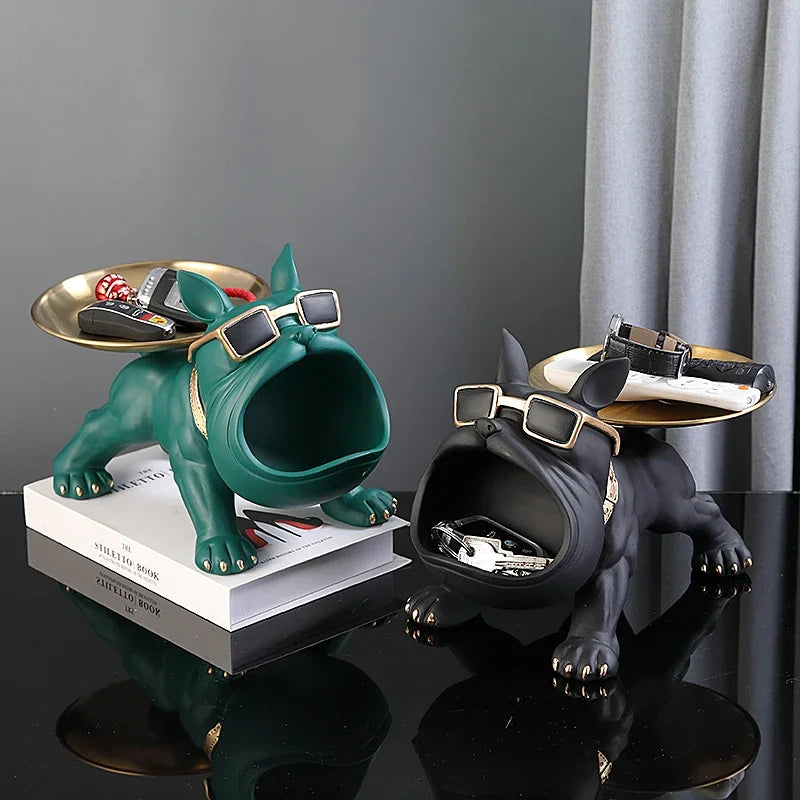 Bulldog Resin Sculpture with Storage Tray - Elegant Animal Decor for Home Interiors