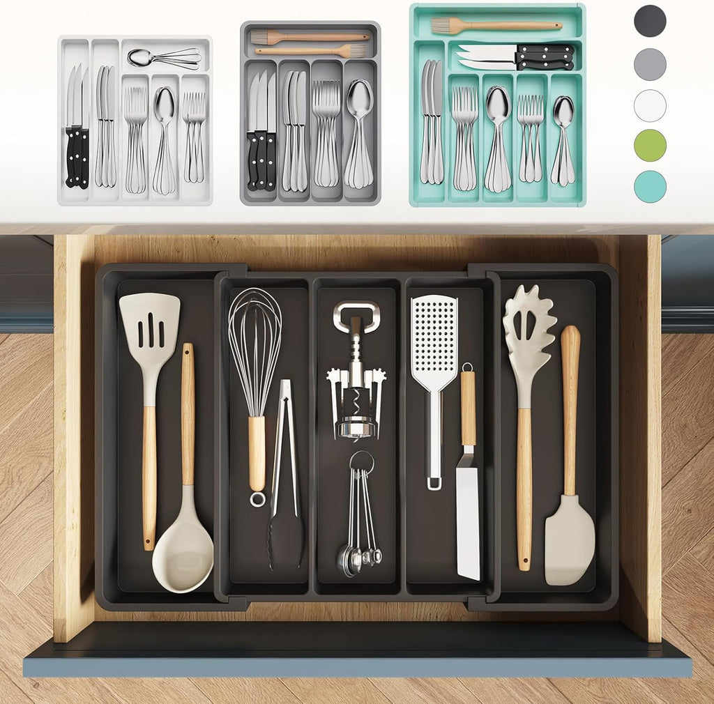 Expandable Cutlery Drawer Organizer, Extra Large Plastic Utensil Holder for Kitchen Storage and Organization, 33-57×38 cm, Black