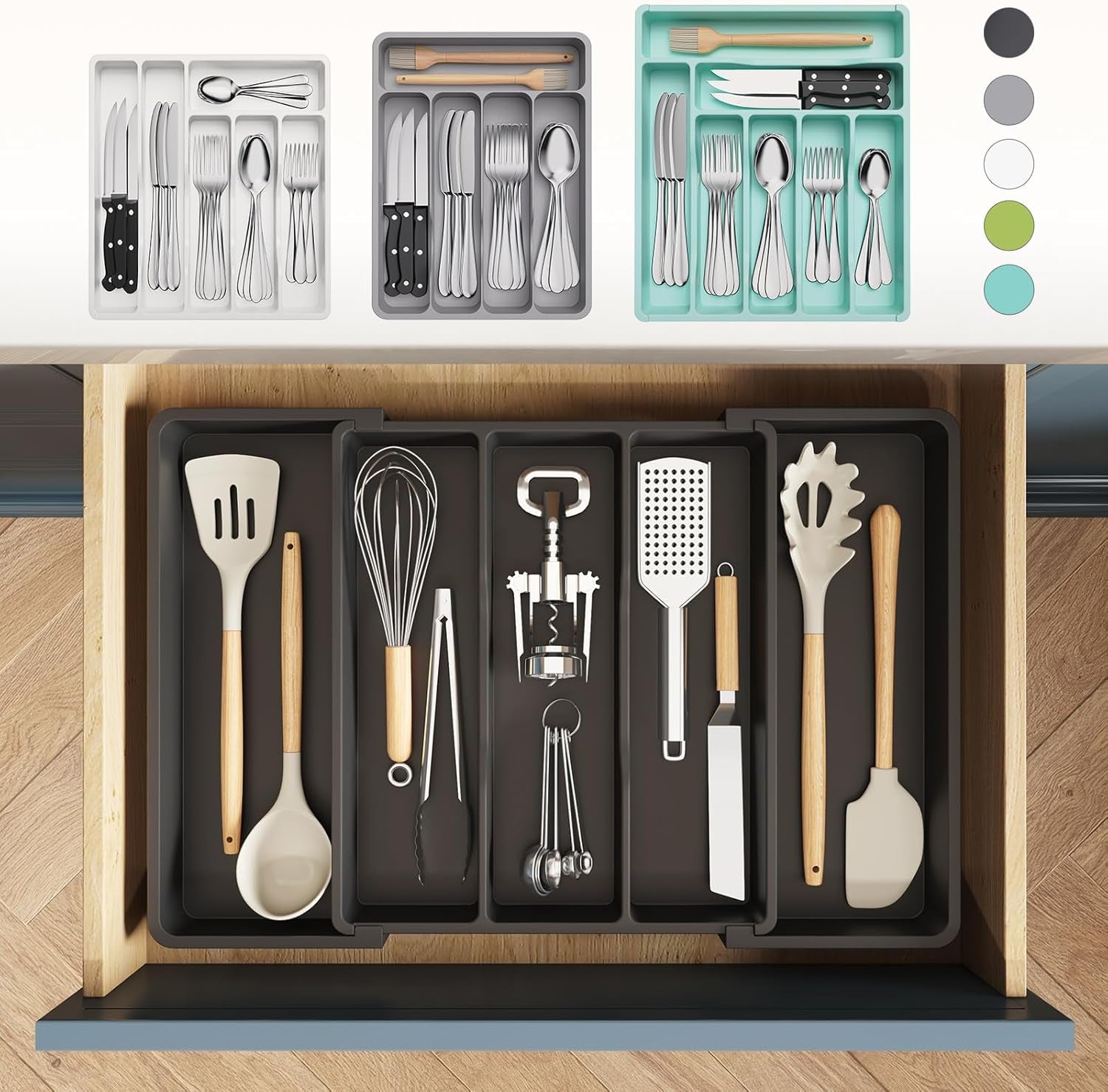 Expandable Cutlery Drawer Organizer, Extra Large Plastic Utensil Holder for Kitchen Storage and Organization, 33-57×38 cm, Black