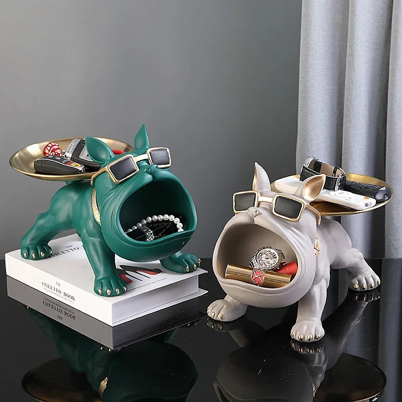 Bulldog Resin Sculpture with Storage Tray - Elegant Animal Decor for Home Interiors
